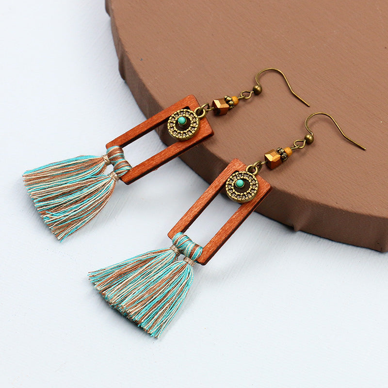 Wholesale Bohemian Square Tassel Long Wooden Earrings